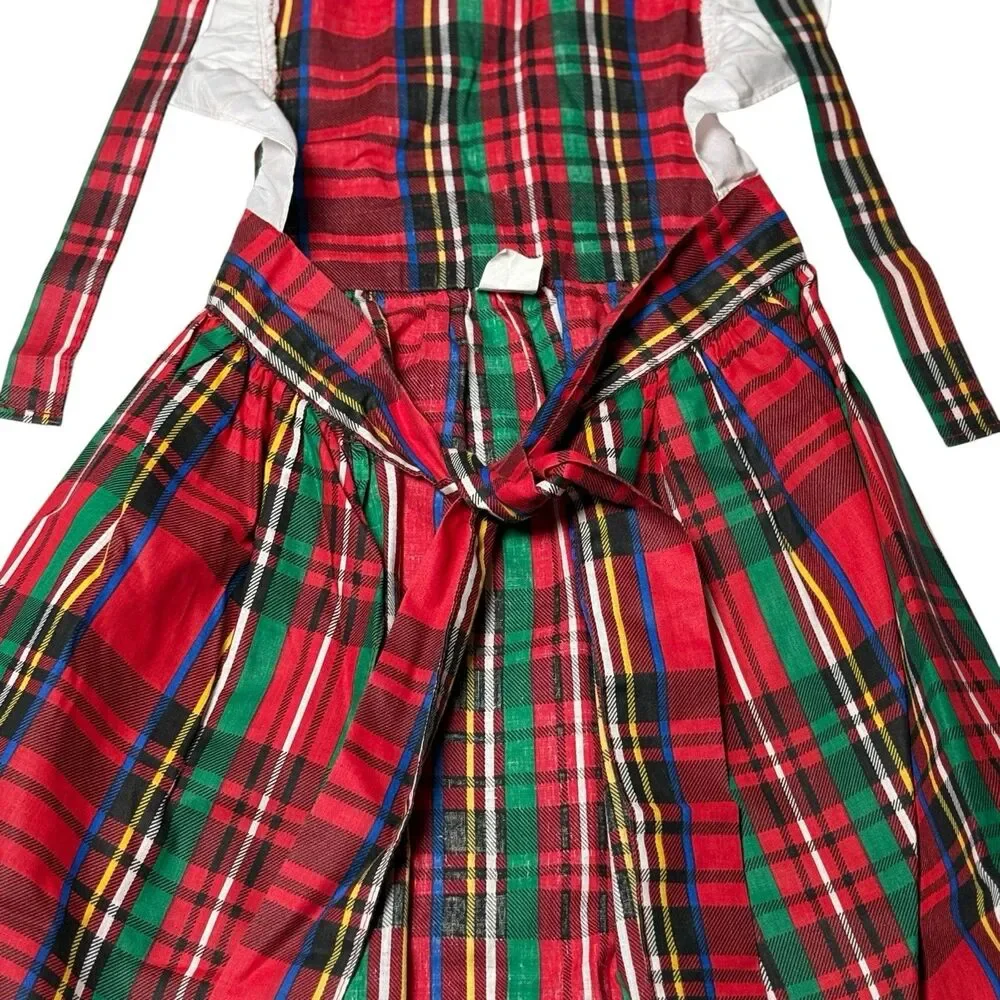 Vintage Christmas Plaid Hostess Apron Red Green Silver Ruffle Full Skirt Retro